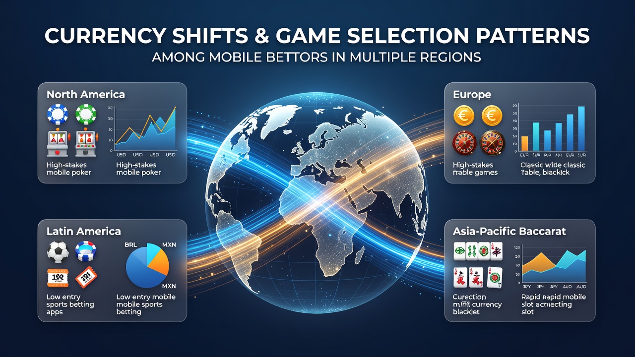 Mobile betting interface showing currency conversion options and game categories in multiple regions