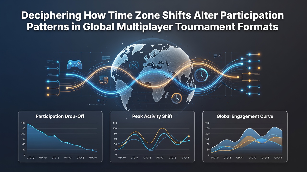 Global multiplayer tournament interface showing players from different time zones connecting during peak hours
