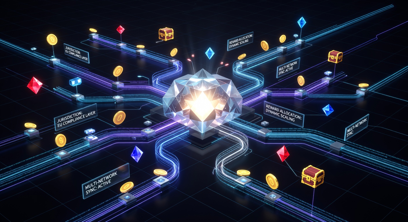 Diagram showing interconnected nodes in a multi-jurisdictional gaming reward algorithm with data flow indicators
