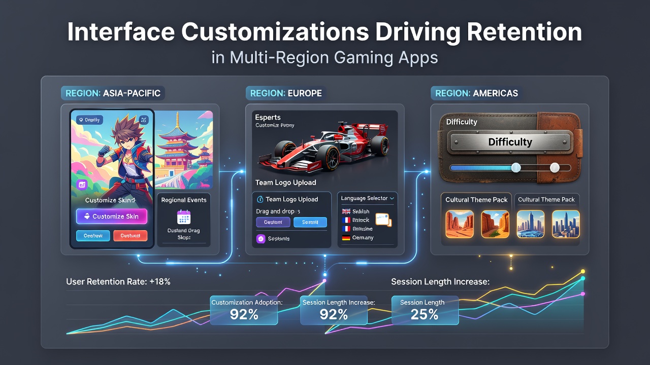 Multi-region gaming app interface showing customizable layouts and regional themes on mobile devices