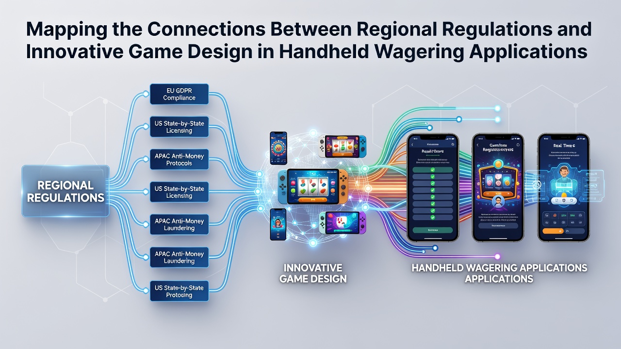 Infographic illustrating how different regional regulations influence game mechanics and user interfaces in handheld wagering applications across global markets