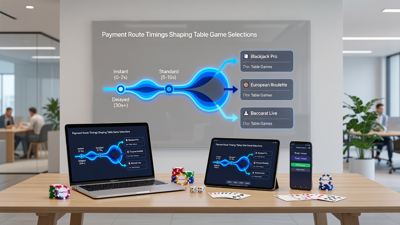 Analytics dashboard displaying payment timing impacts on table game choices by device type