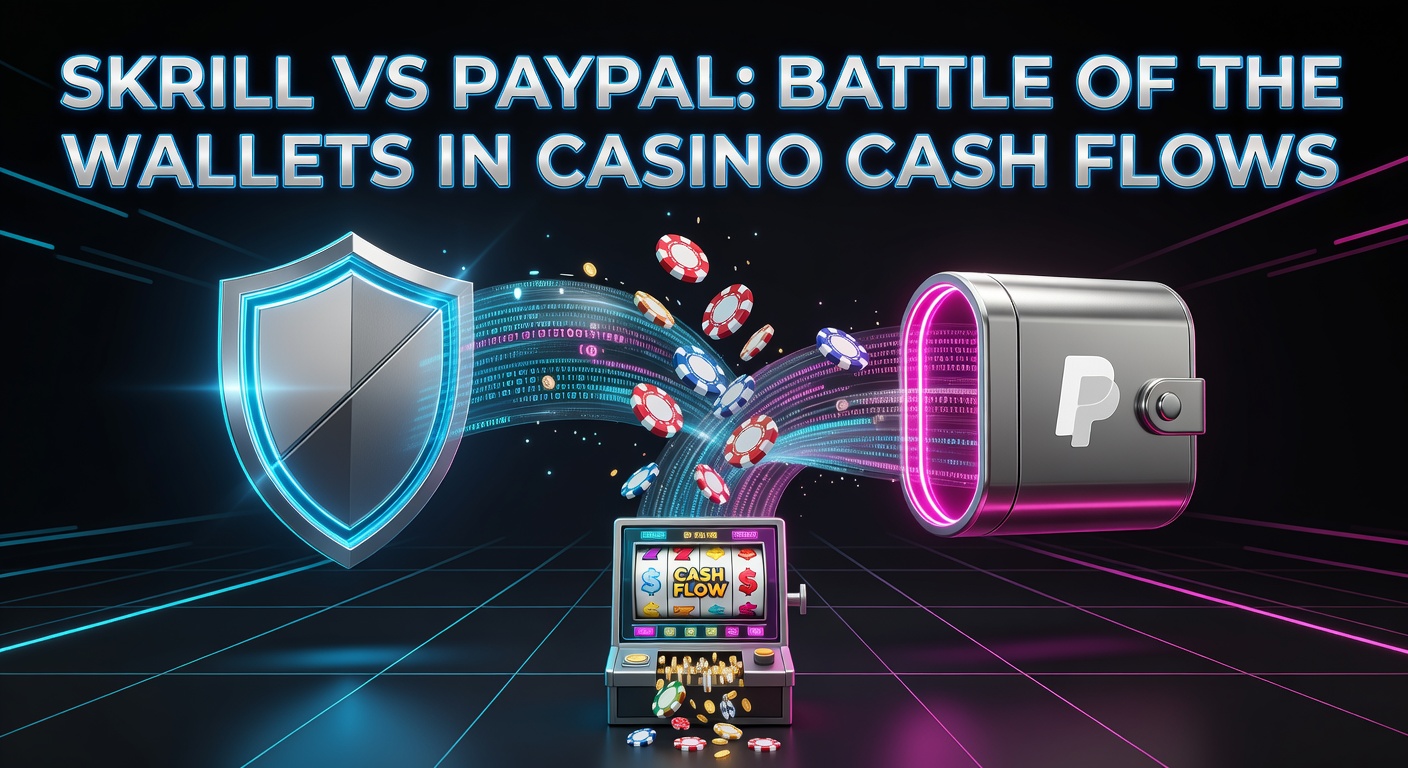 Skrill and PayPal digital wallet icons overlaid on a flowing stream of casino chips and currency symbols, representing the competition in online gambling payments