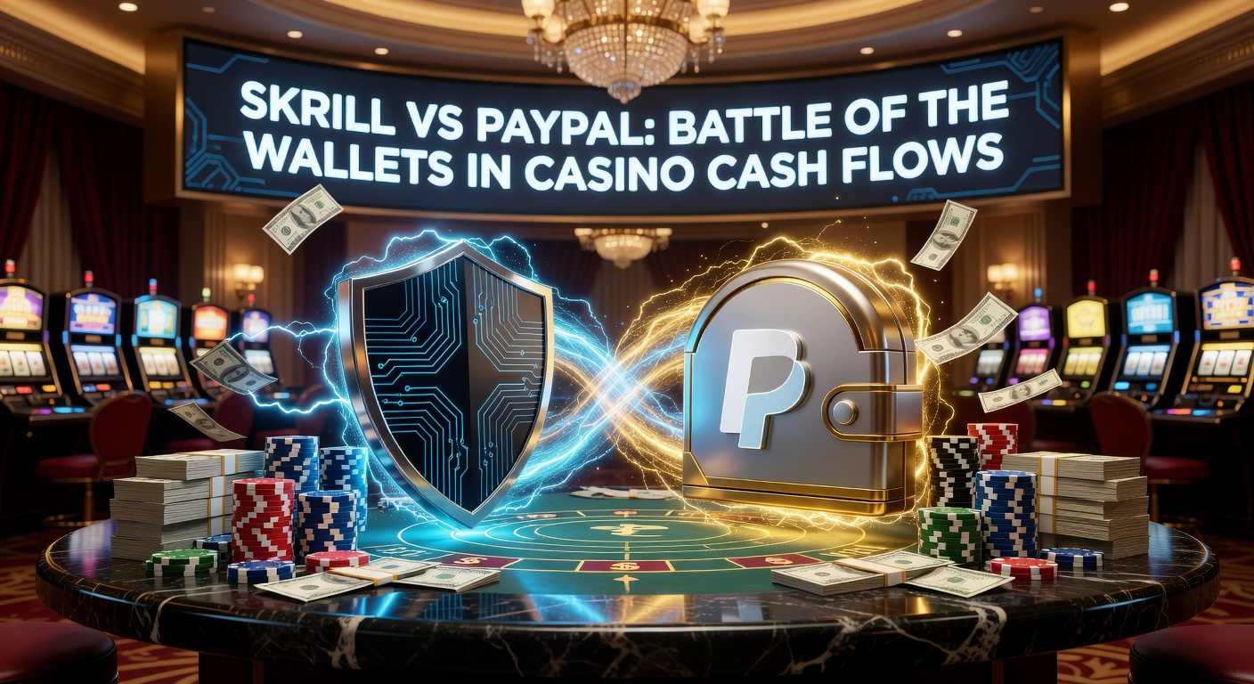 Side-by-side comparison chart showing transaction fees, speeds, and security icons for Skrill and PayPal in the context of online casino deposits and withdrawals