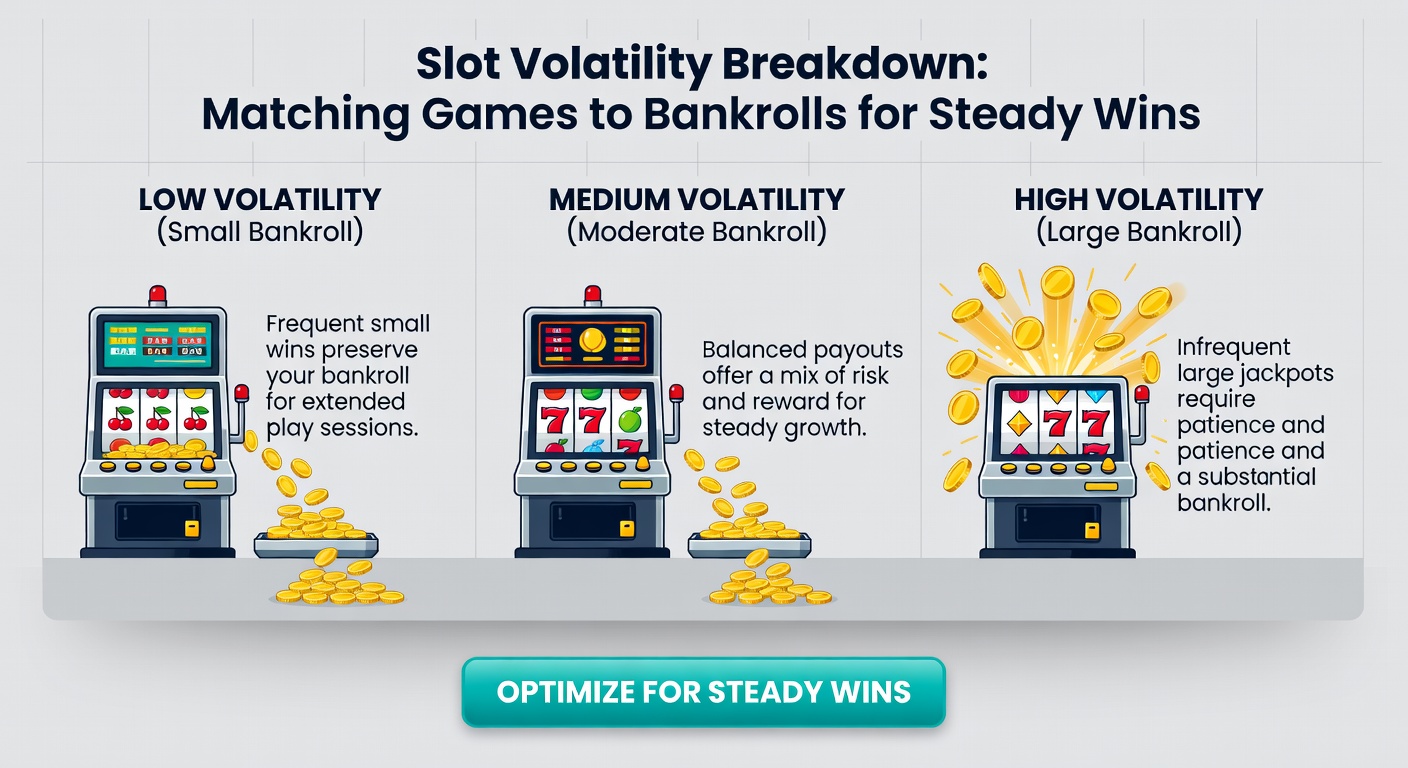 Graph charting slot volatility levels against bankroll sizes, showing optimal matching curves for low, medium, and high variance games