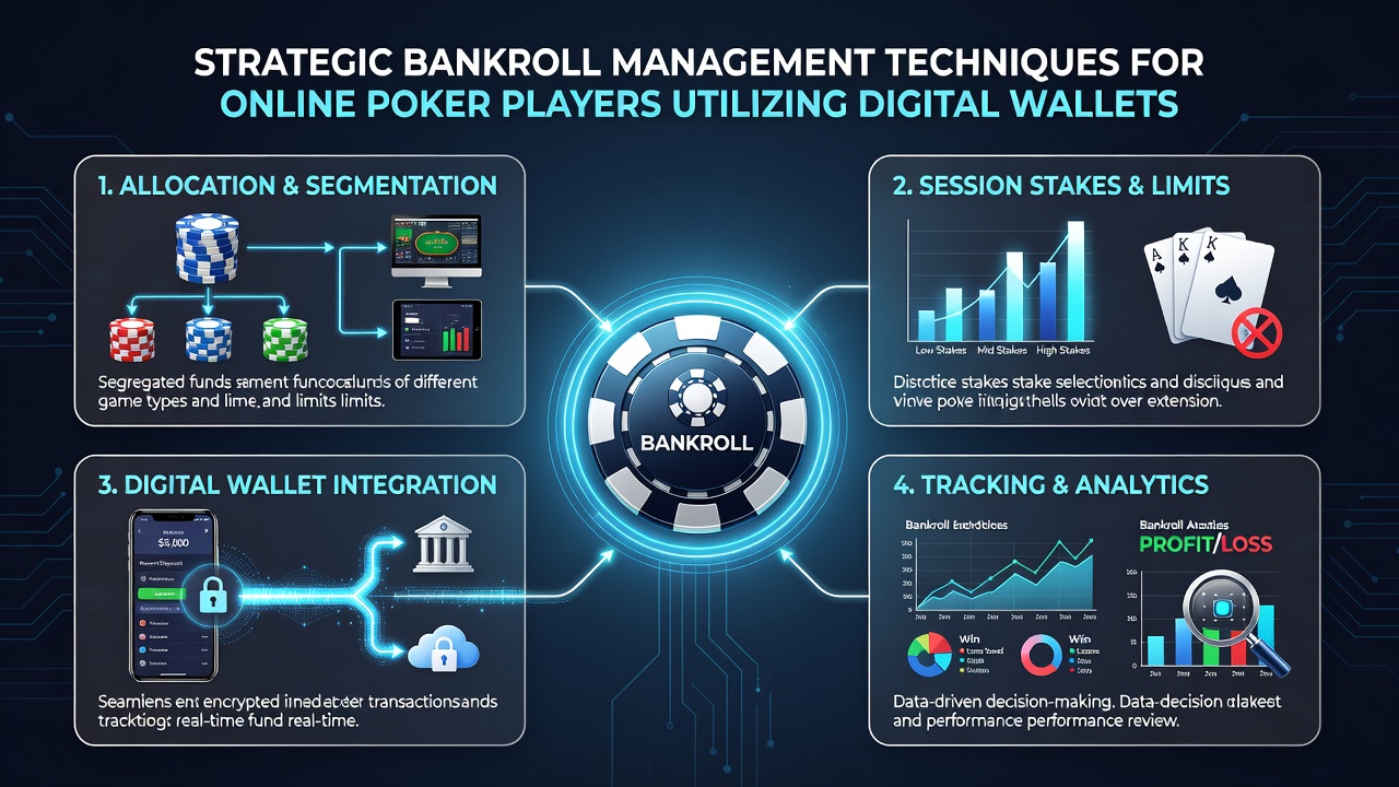 Poker player reviewing bankroll analytics on a mobile device connected to digital wallet