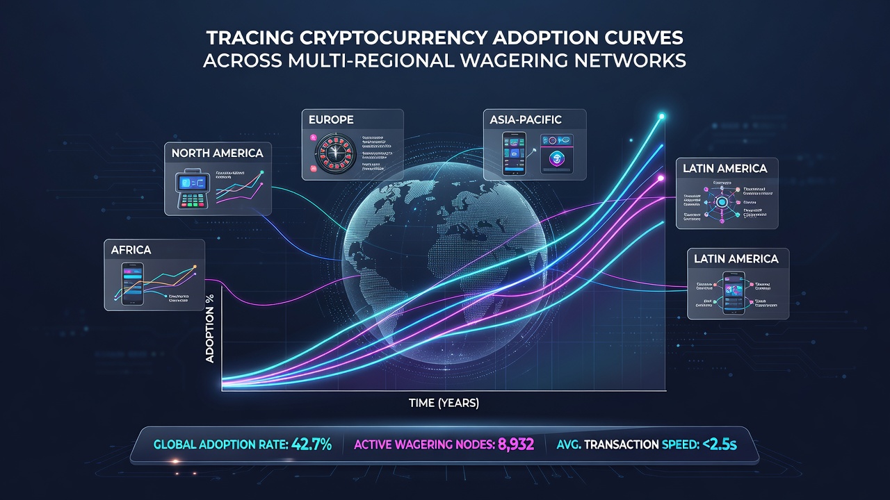 Regional charts displaying cryptocurrency adoption percentages in wagering platforms from 2020 to 2026