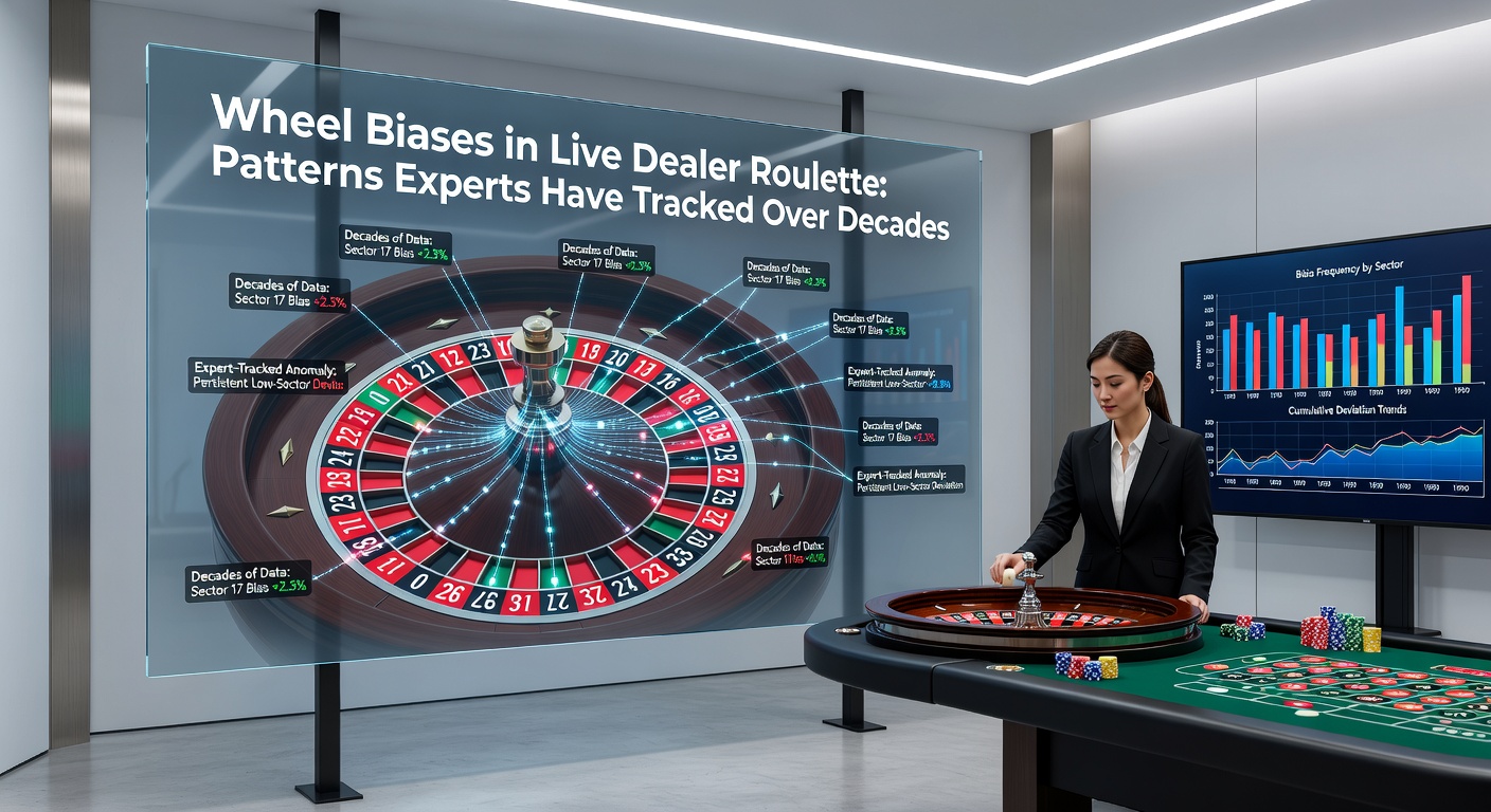 Close-up of a live dealer roulette wheel in a studio, highlighting numbered pockets and ball track where biases might emerge over repeated spins